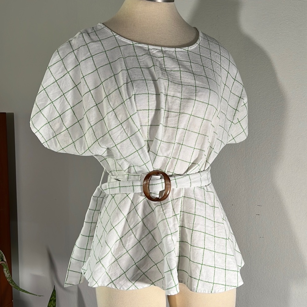 Noon River Plaid Blouse with Belt - Picture 1 of 7